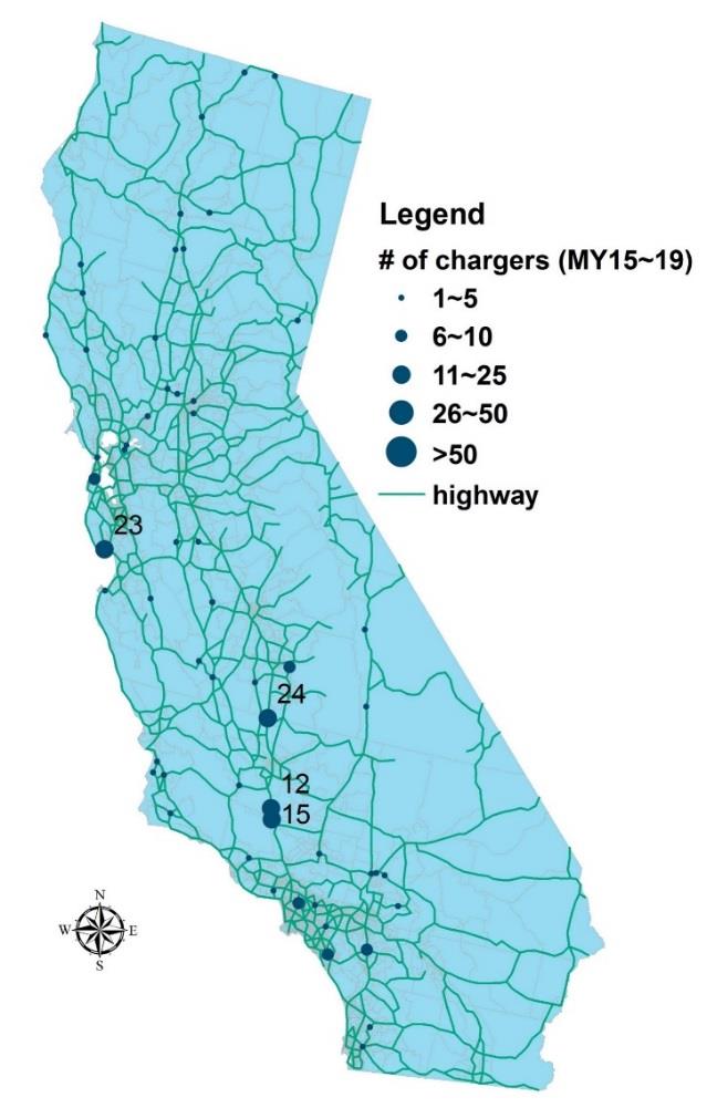 Map showing distribution and size of inter-city charging stations across California during stage 1 of the baseline scenario.