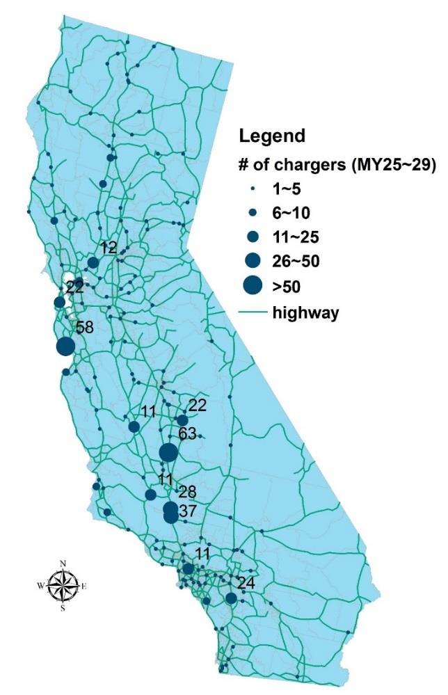 Map showing distribution and size of inter-city charging stations across California during stage 3 of the baseline scenario.