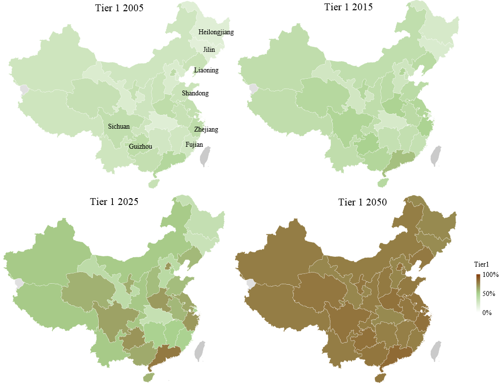 Four maps of China showing parking availability increasing in 2005, 2010, 2025, and 2050